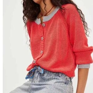 We The Free Lili Linen Red and Gray Cardigan Sweater
